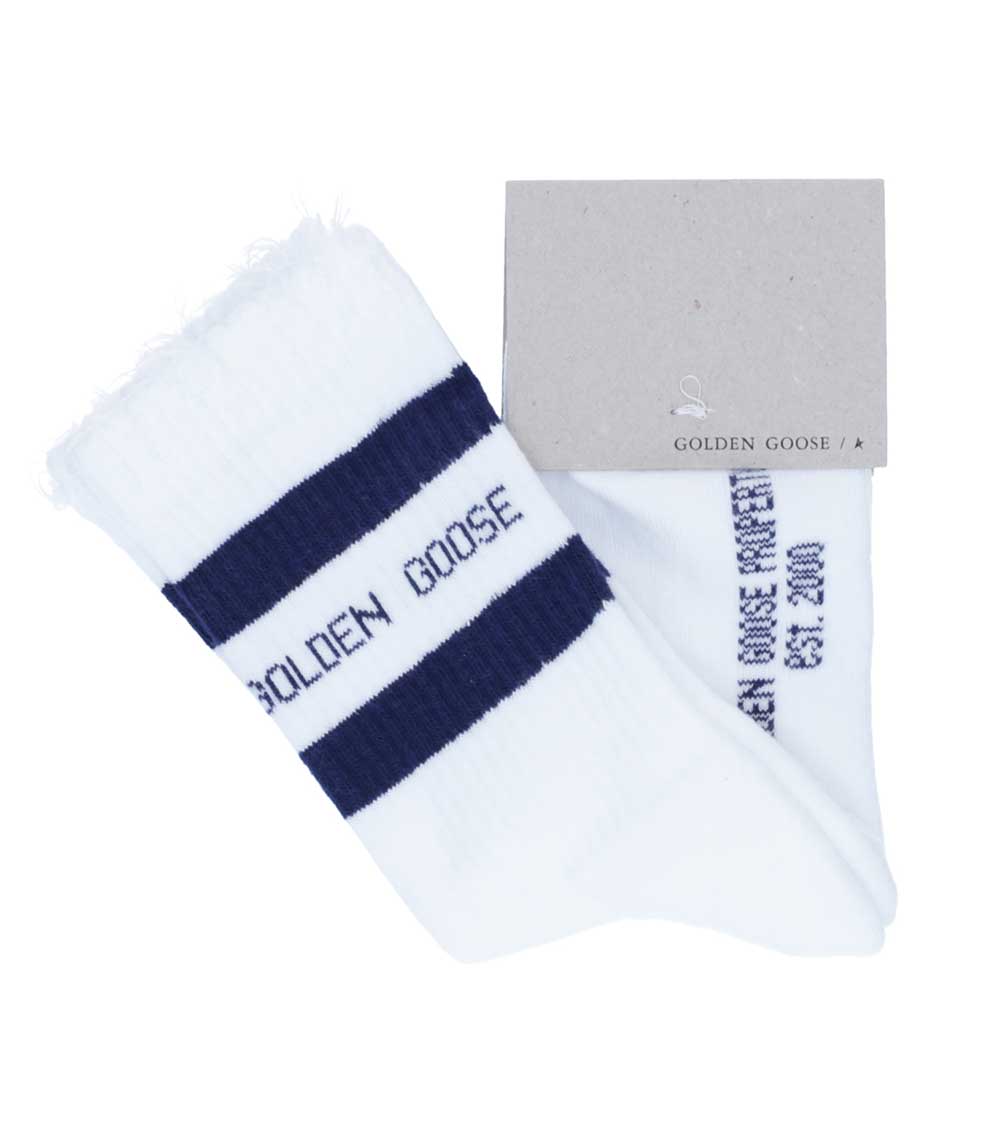 Chaussettes hautes blanches à rayures navy Golden Goose
