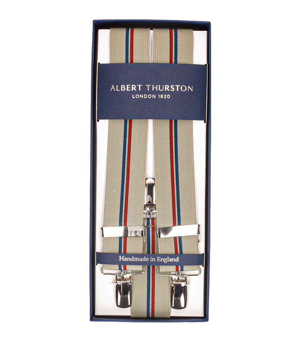 Bretelles Elastic Clip Beige à rayures bleu et rouge Albert Thurston