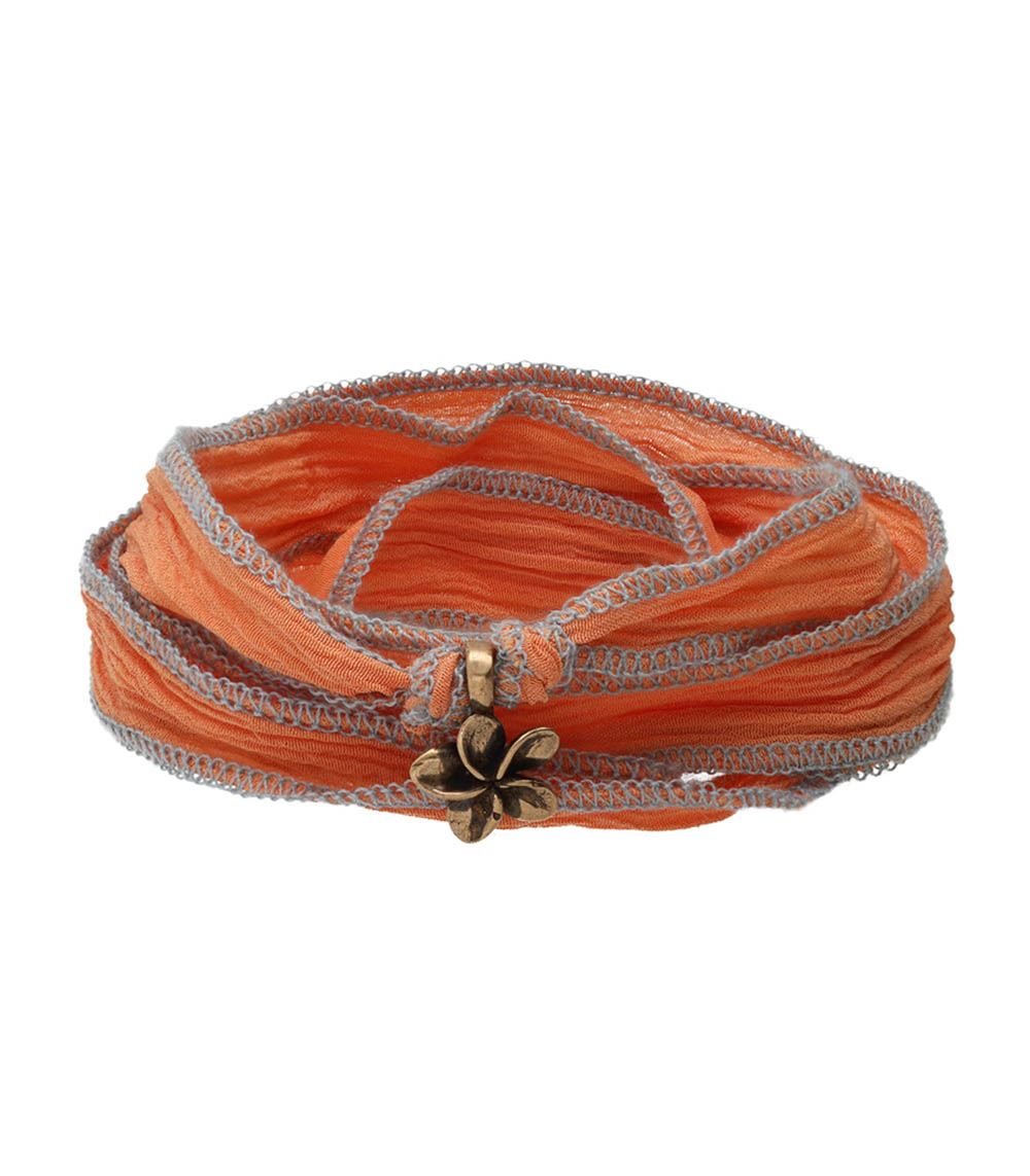 Silk bracelet to tie and charm Frangipani Flower in bronze Catherine Michiels
