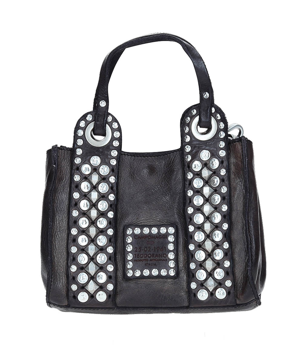 Small Shoulder Bag Grey Leather and Studs Campomaggi