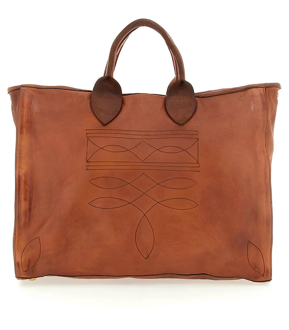 Sac cabas Agata en cuir cognac avec surpiqûres Charro Campomaggi