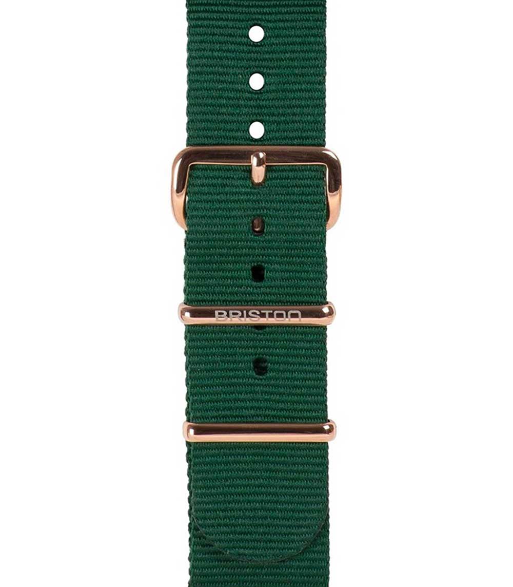 Bracelet de montre spécial NATO british green, boucle en acier or rose 245mm Briston