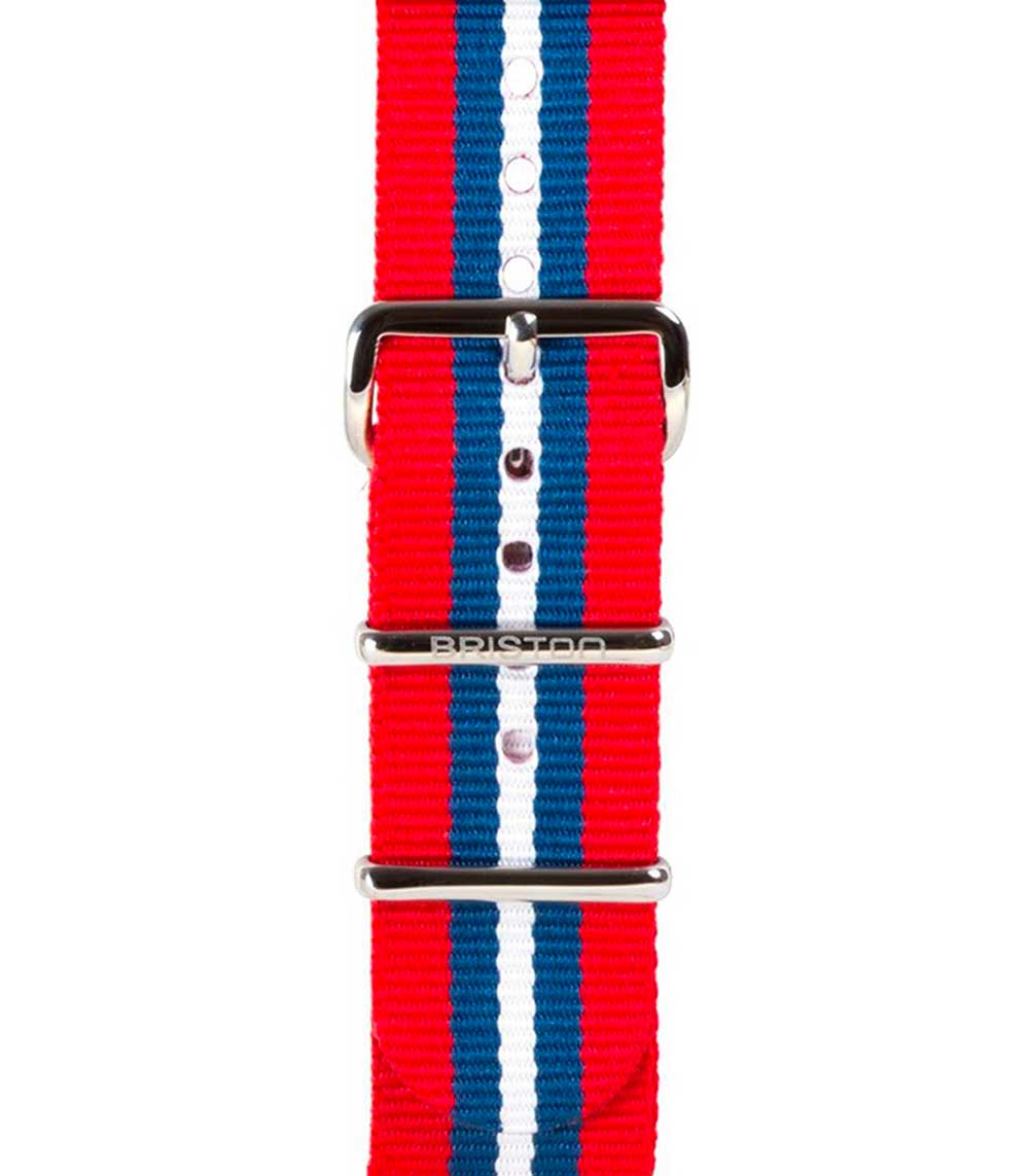 Bracelet de montre spécial NATO rayé rouge, bleu et blanc 245mm Briston