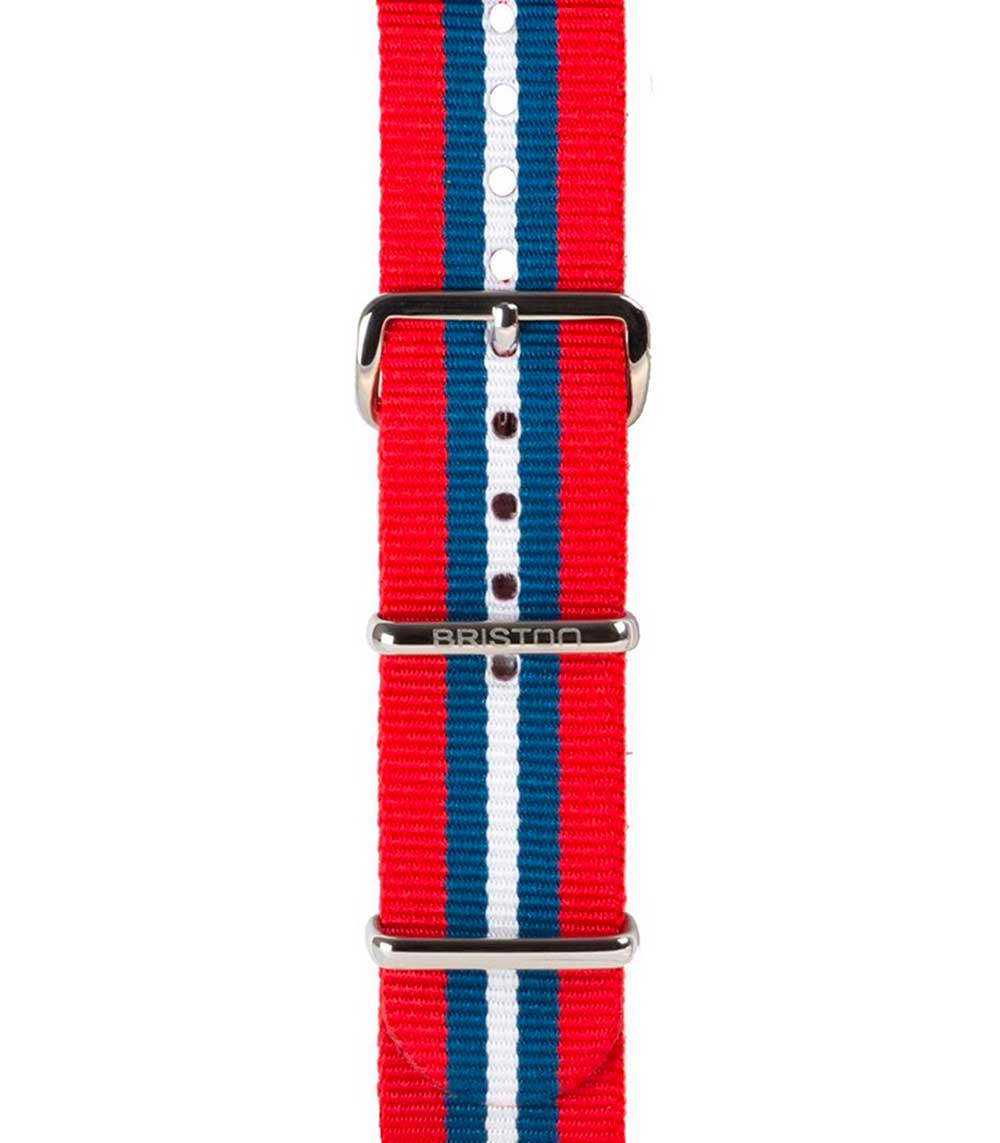 Bracelet de montre type NATO rayé rouge, bleu et blanc 280mm Briston