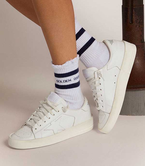 Chaussettes hautes blanches à rayures navy Golden Goose