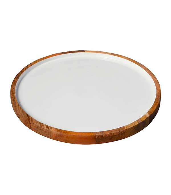 Round mango wood and white enamel serving plate Be Home