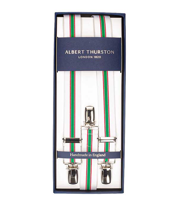 Bretelles Elastic Clip Blanches à rayures rouge et verte Albert Thurston
