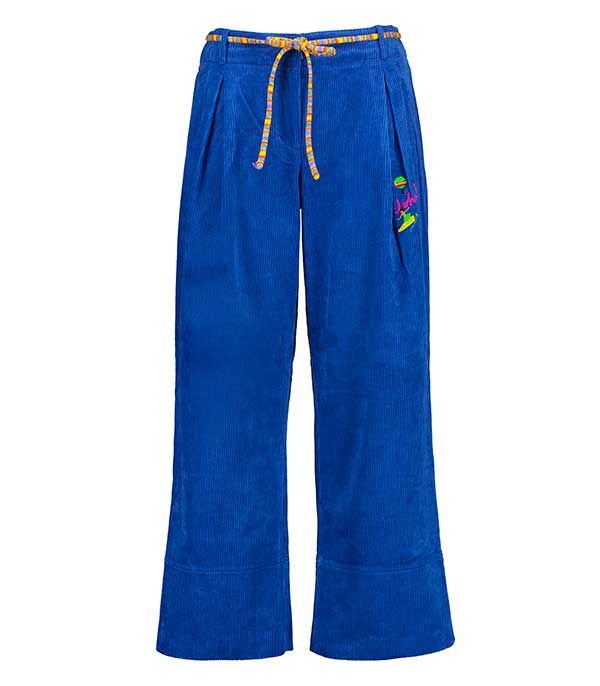 Pantalon en velours bleu Embroidered Pleat Front Mira Mikati