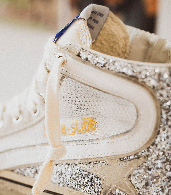 Baskets Slide Glitter et Cuir Silver/White/Marble Golden Goose