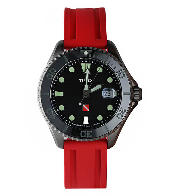 Tiburon Automatic Watch in Titanium Black Dial and Red Bracelet Timex