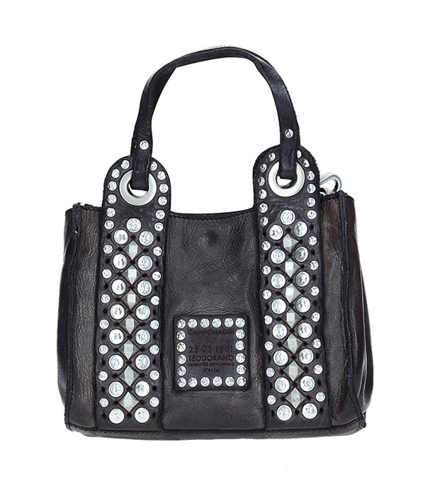 Small Shoulder Bag Grey Leather and Studs Campomaggi