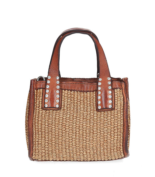 Small Shoulder Bag Veracruz Leather and Straw Natural/Cognac Campomaggi