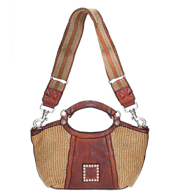 Veracruz Small Leather and Straw Bag Natural/Cognac Campomaggi
