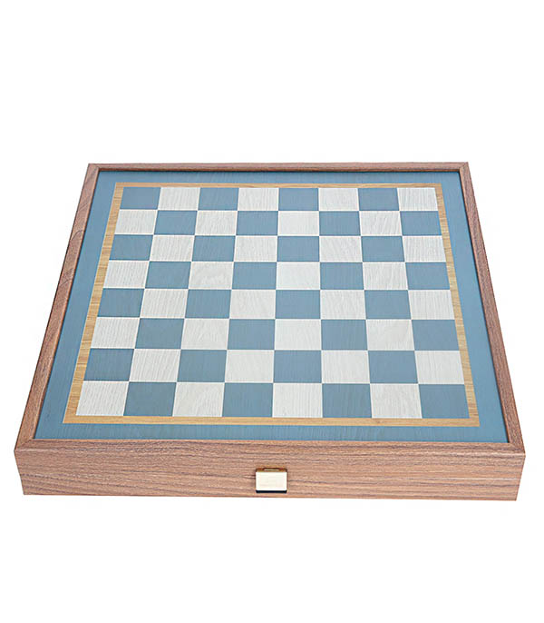 Jeu Echec / Backgammon turquoise en bois de noyer Manopoulos