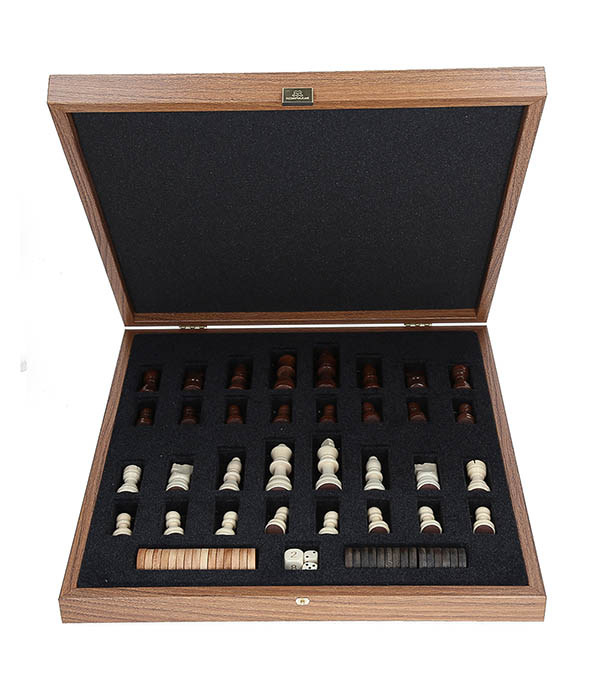 Manopoulos walnut wood turquoise combination chess and backgammon set