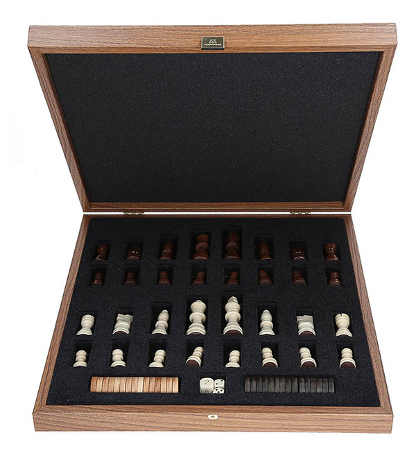 Manopoulos walnut wood turquoise combination chess and backgammon set