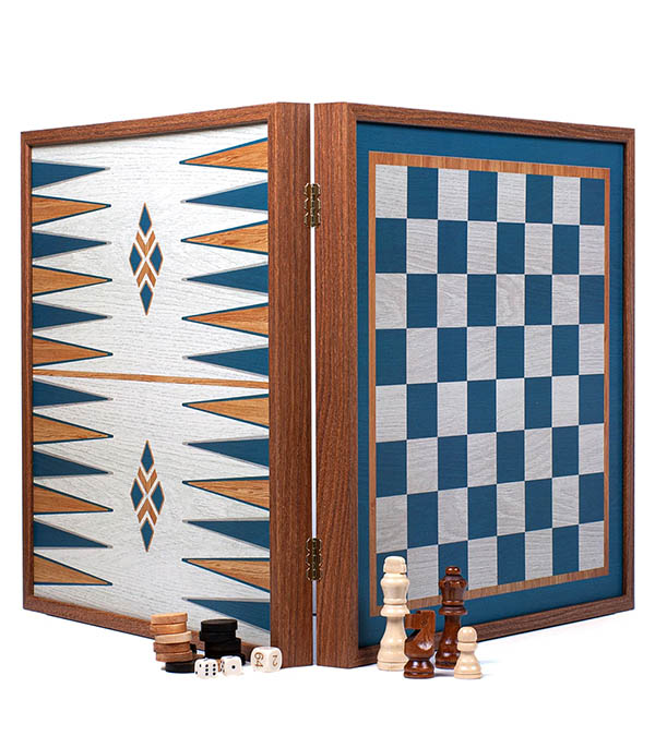 Manopoulos walnut wood turquoise combination chess and backgammon set