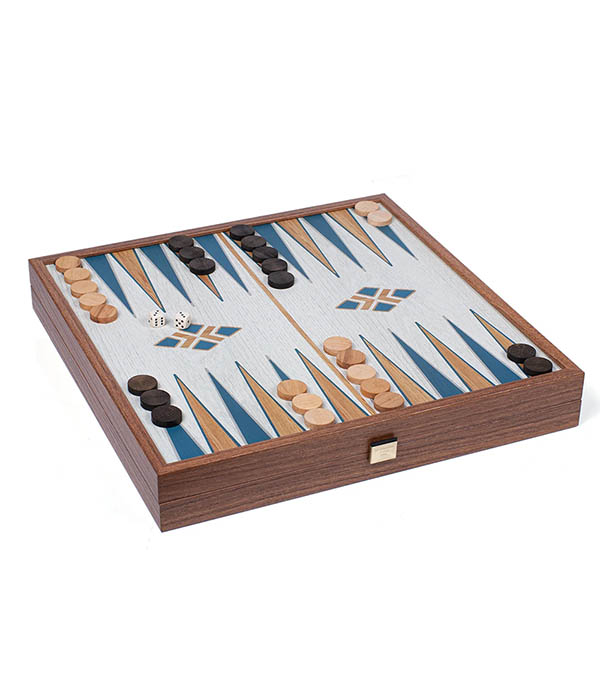 Manopoulos walnut wood turquoise combination chess and backgammon set