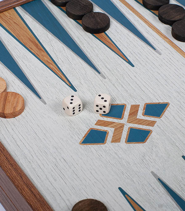 Manopoulos walnut wood turquoise combination chess and backgammon set