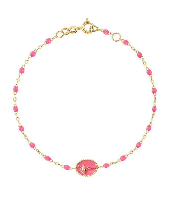 Bracelet Or Jaune, Perles de résine, Médaille Flamant  Gigi Clozeau
