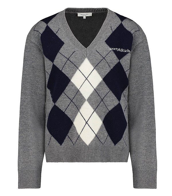 Serif Logo Argyle Heather Grey Sporty & Rich wool sweater