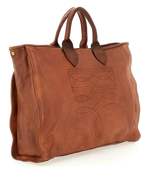 Sac cabas Agata en cuir cognac avec surpiqûres Charro Campomaggi