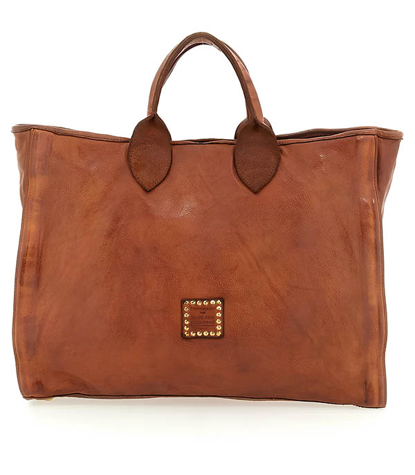 Sac cabas Agata en cuir cognac avec surpiqûres Charro Campomaggi