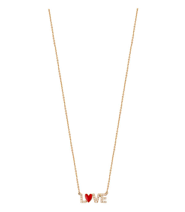 Love necklace in gold Paved with white sapphires and red enameled heart 42 cm Feidt Paris