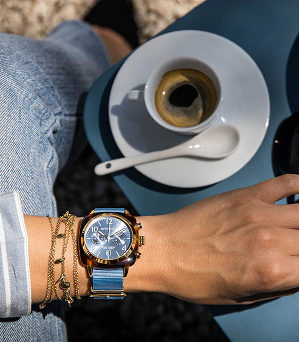 Montre Clubmaster Classic acétate Chrono or jaune - Bleu glacier soleillé Briston