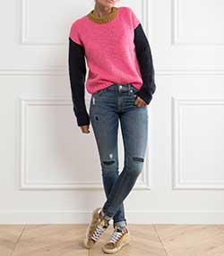 Tenue portée avec Jean Nico midrise super skinny bleu empiècement genoux