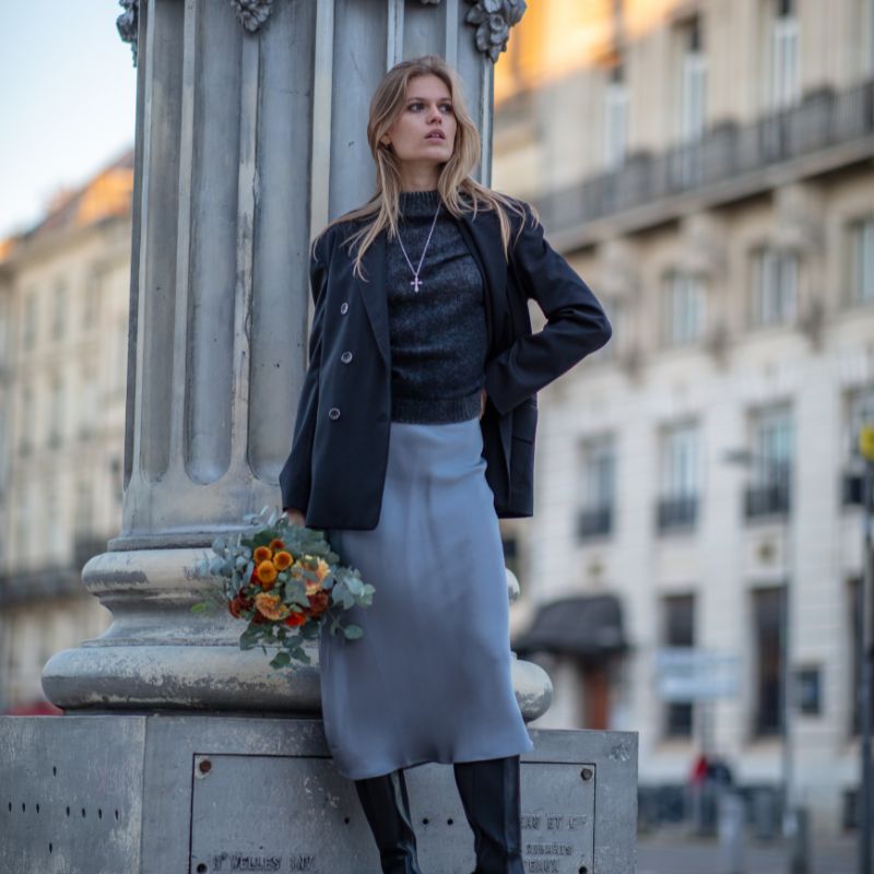 Blazer look with satin skirt