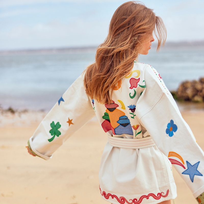 Colorful kimono jacket with bohemian embroidery